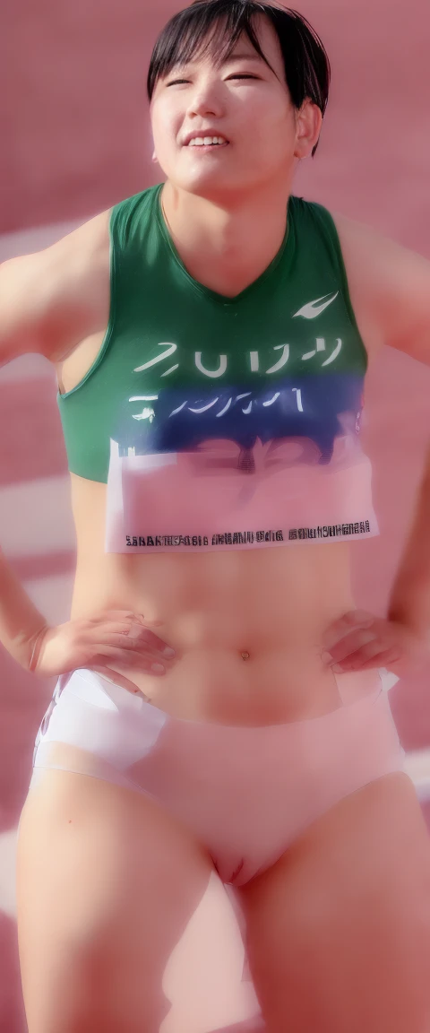 Female Athletes, ((masterpiece, Highest quality, Best image quality, High resolution, Realistic, RAW Photos, 8K)), ((非常に詳細な CG 統合 8K 壁紙)), (Huge and stunning goddess shot, Very hot and sexy, Incredible beauty, Perfect proportions, Beautiful body, Slim body beauty:1.4), Female Athletes on the track, スポーツブラを着用したFemale Athletes, trunks, shoes, Sweaty, White running sweatshirt, Outdoor, On a very hot day, Please put your hands on your hips、stand with feet apart, Looking up at the sky, From behind, Amidst enthusiasm and cheers, With the right hands and fingers, Detailed skin and sweat,Showing off pussy