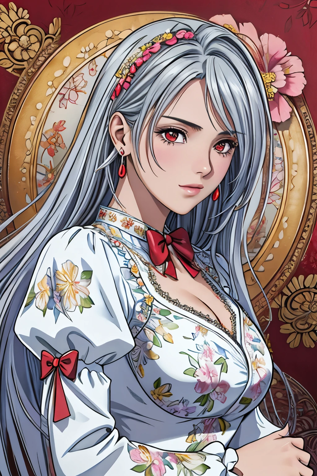(masterpiece, top-quality, top-quality, Official art, Beautifully Aesthetic:1.2), red eyes, (highest quality, masterpiece painting:1.3), immature woman, 16 years old, (half body shot), masterpiece, ultra high resolution, (((red dress, ornate dress, puffy sleeves, juliet sleeves, (long sleeves:1.2), red bow,))), Decorative panel, abstract art, (shot from a side angle), (Photoreal:1.0), ((light silver hair)),straight hair, beautiful shining hair, white and shining skin, Painterly, sketch, Texture, 超A high resolution, solo, Beautuful Women, A highly detailed, (Fractal Art:1.1), (colourfull:1.1), (florals:1.6), The most detailed, (Zentangle:1.2), (Dynamic Poses), (Abstract background:1.3), (shinny skin), (Many colors:0.8), (earrings:1.4), (pluma:0.9), Taisho romance,
