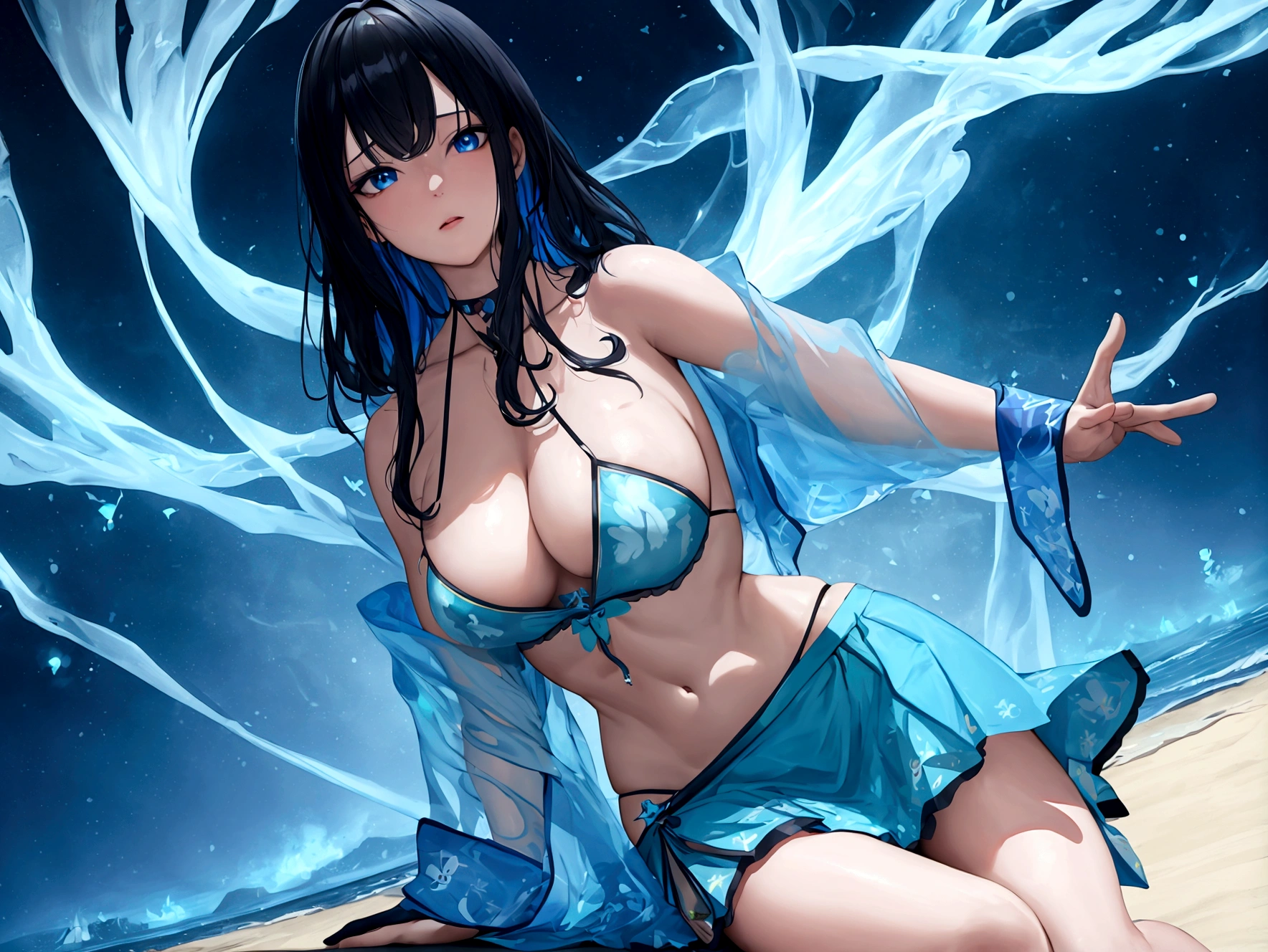 masterpiece, Fashion Model, The body is attractive、, camisole, 、Knee-length , The colours of Positano, Completely in frame, whole body, whole body, Beautiful anime waifu style man, Ultra-detailed realistic paintings, Luminism, art：Karn Griffiths、ヴァディム・カシン コンセプトart, 8K resolution, Fractal isometric detail bioluminescence , complicatedly detailed , Cinematic, trending on art station Isometric Centered hyper Realistic cover photo awesome full color,  granular, Realistic, complicated, Hit definition , Cinematic, bold, Vibrant, wonderful, Super high quality model、Black Hair、blue eyes