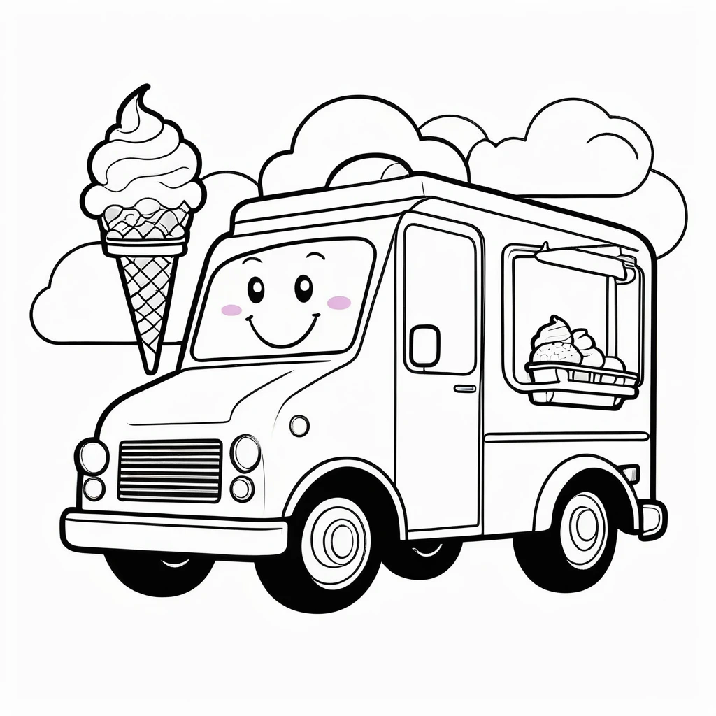 Cute ice cream truck, coloring page for kids, happy, smiling,cloud, vector art, minimalistic, vector 2d, black lines white background, coloring page for beginners, vector illustration, pencil strokes, no color, drawing for coloring, white background, pixar style, black and white