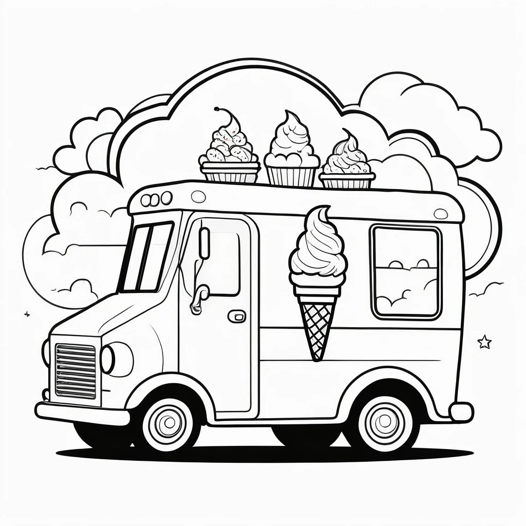 Cute ice cream truck, coloring page for kids, happy, smiling,cloud, vector art, minimalistic, vector 2d, black lines white background, coloring page for beginners, vector illustration, pencil strokes, no color, drawing for coloring, white background, pixar style, black and white