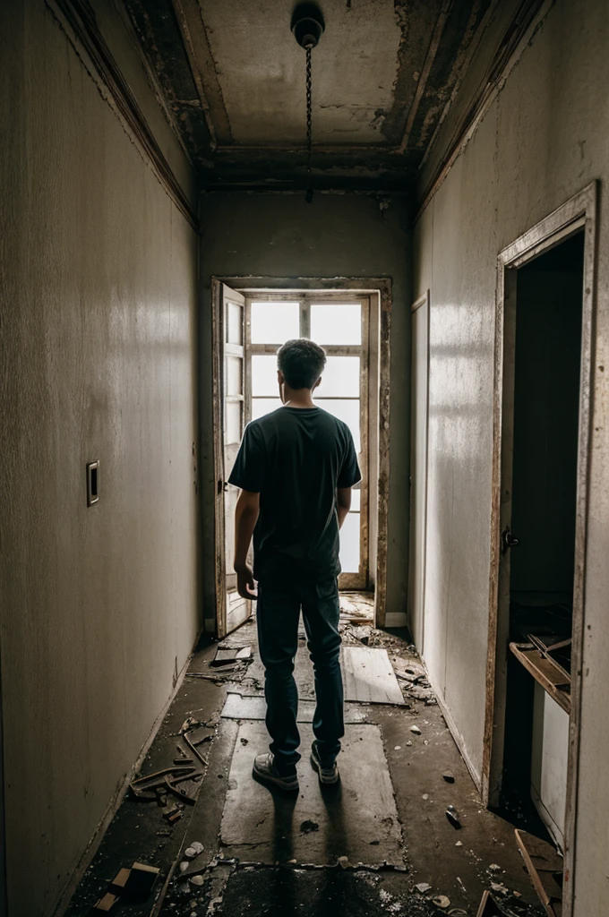 Include visuals of a young man exploring a creepy room,