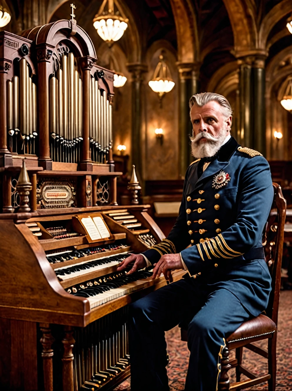 photo focus on male focus, indoors, realistic scenery, (captain nemo:1.1),  playing the organ, pipe organ, music, close-up, arch, chair, loaded military uniform, steampunk nautilus-style. very wide shot, character photo portrait, film, professional, 4k, highly detailed, 