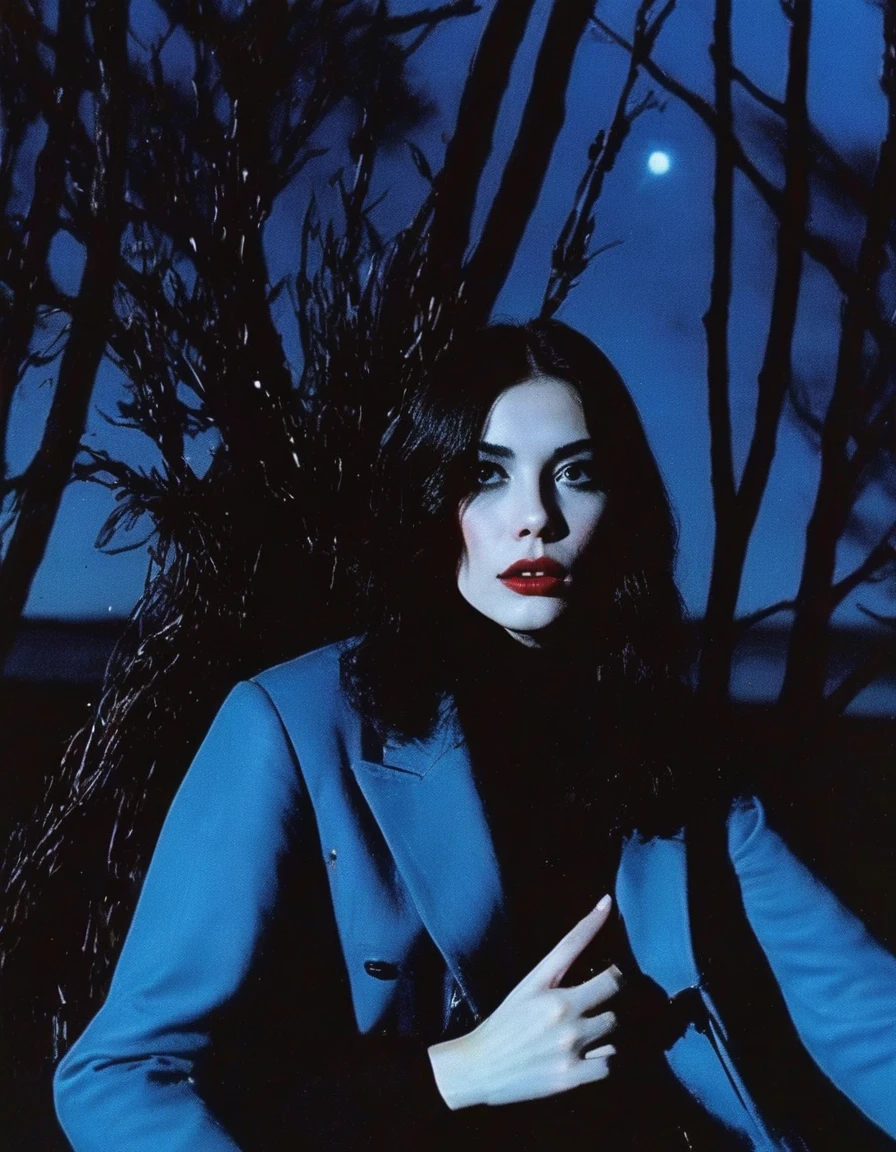 film photography, vintage, fashion photography of horror with 90s beautiful fashion model, blue night forest background