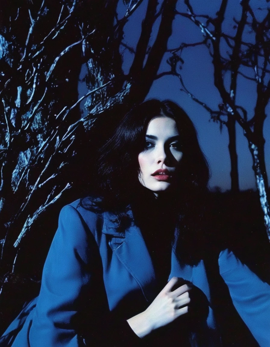 film photography, vintage, fashion photography of horror with 90s beautiful fashion model, blue night forest background