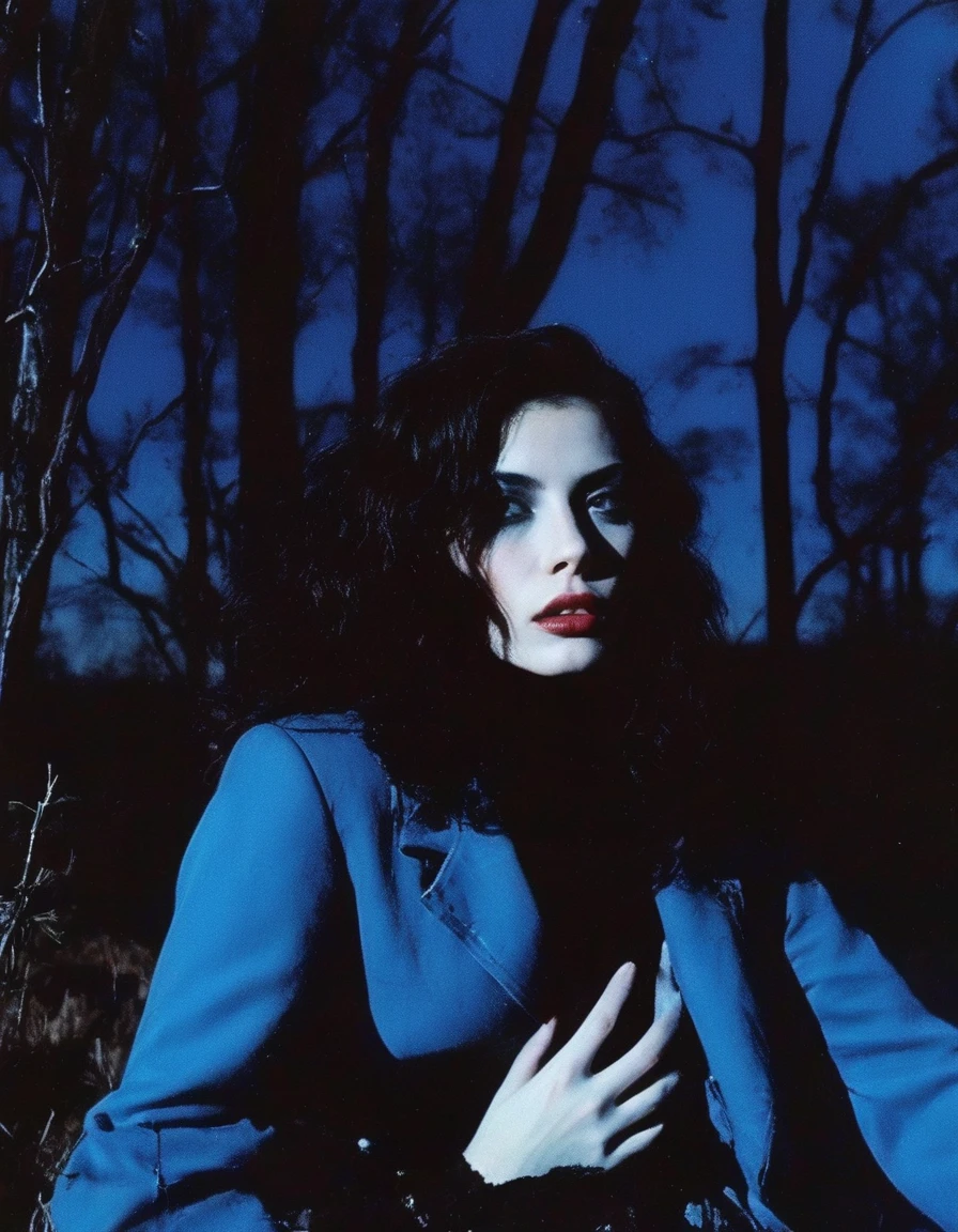 film photography, vintage, fashion photography of horror with 90s beautiful fashion model, blue night forest background