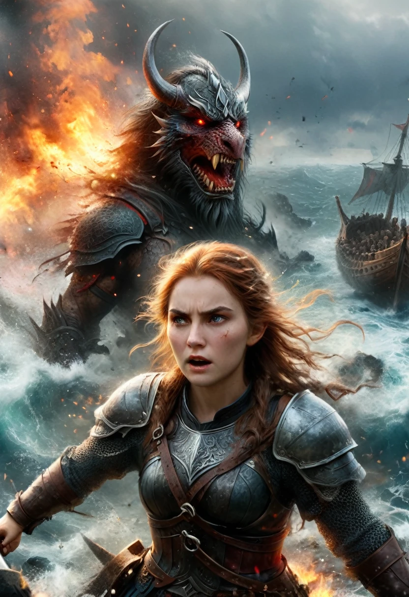 (Intricate details, masterpiece, best quality:1.4) ,
J. R. R. Tolkien and LoRd of the Ring style aRt, Energetic, fantasy, detailed, epic, heroic, Reminiscent《A Song of Ice and Fire》series,  Dynamic posture A field,A man and a woman angry viking warriors with round shields and axes, He roared and rushed into the battlefield. Her face was covered in blood.. In the background you can see the sea and some Viking dragon ships.