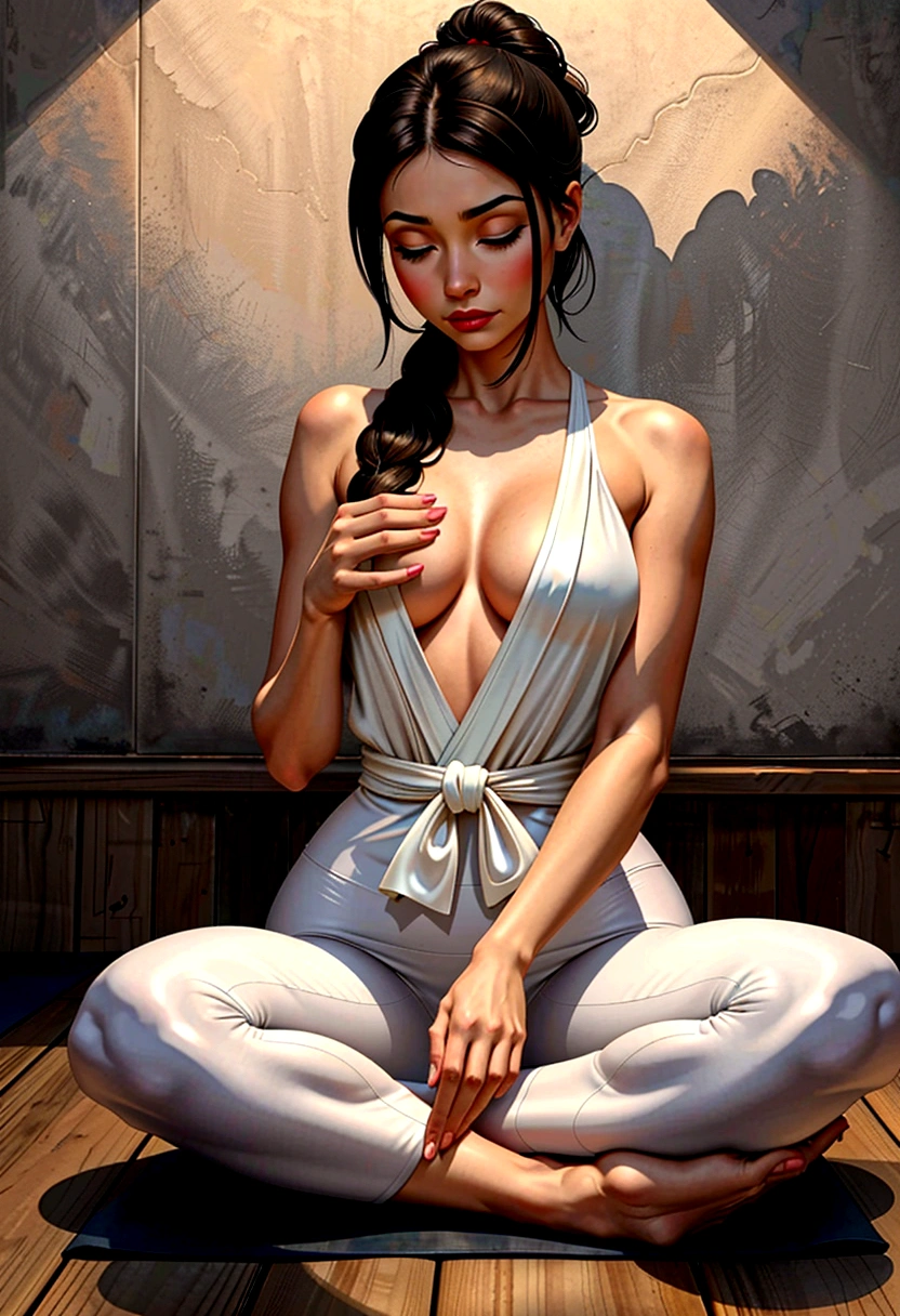 A young female character is practicing yoga in a serene, meditative pose. She is seated in the lotus position (Padmasana) with her legs crossed and her hands resting on her knees, fingers forming the Gyan mudra. Her eyes are gently closed, and she has a peaceful expression on her face, indicating deep focus and relaxation.
She is dressed in stylish, fitted yoga pants and a comfortable top, both designed for flexibility and ease of movement. Over her outfit, she wears an elegant silk kimono, which drapes gracefully around her shoulders and flows softly to the sides. The kimono features intricate, delicate patterns that add a touch of sophistication to her look.
The background is a rustic, artistic setting with a textured, slightly worn concrete wall that enhances the natural, tranquil atmosphere. She sits on a dark, possibly wooden floor, with a yoga mat beneath her for comfort. The overall mood of the illustration is calm and introspective, capturing a moment of serene mindfulness.