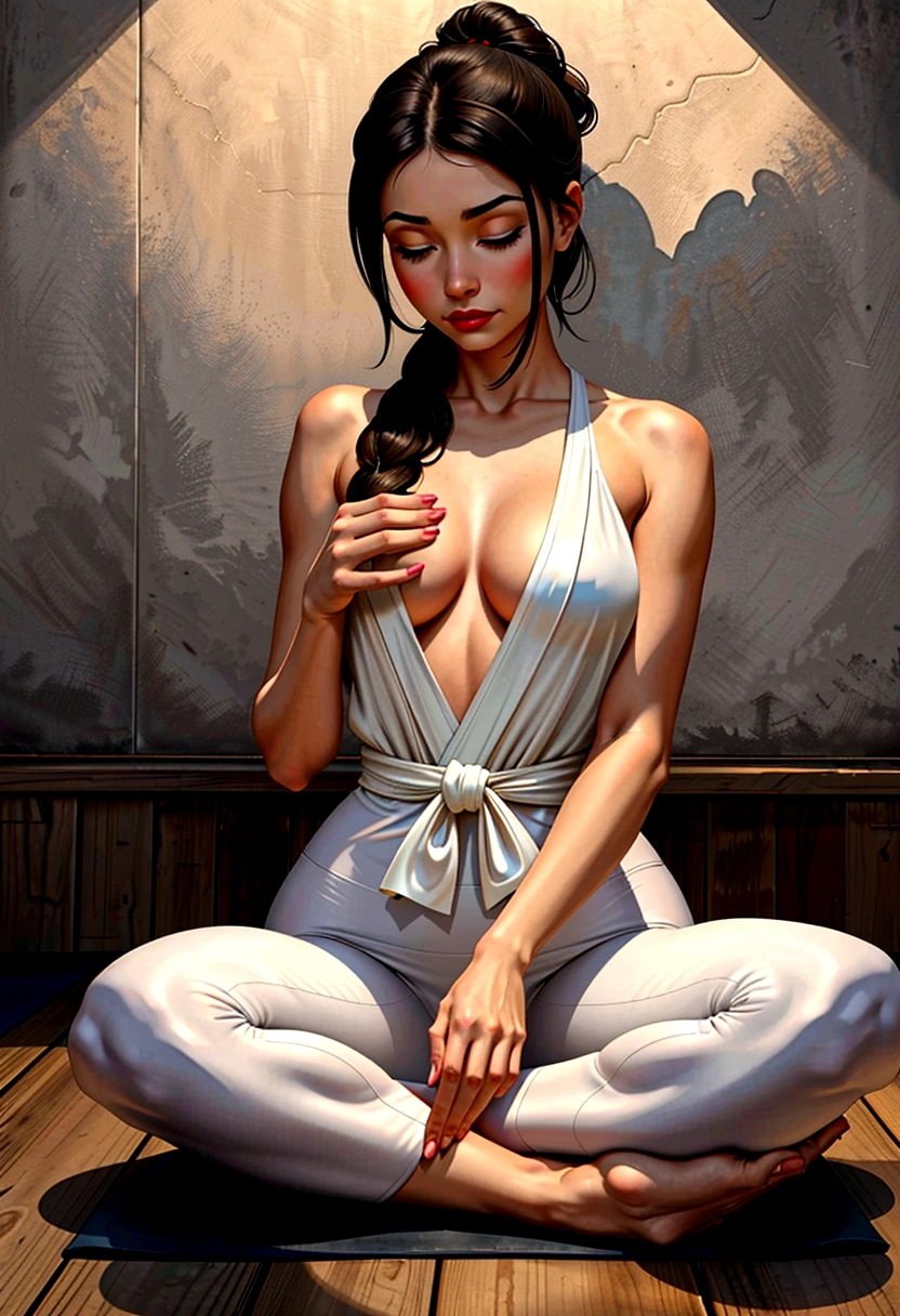 A young female character is practicing yoga in a serene, meditative pose. She is seated in the lotus position (Padmasana) with her legs crossed and her hands resting on her knees, fingers forming the Gyan mudra. Her eyes are gently closed, and she has a peaceful expression on her face, indicating deep focus and relaxation.
She is dressed in stylish, fitted yoga pants and a comfortable top, both designed for flexibility and ease of movement. Over her outfit, she wears an elegant silk kimono, which drapes gracefully around her shoulders and flows softly to the sides. The kimono features intricate, delicate patterns that add a touch of sophistication to her look.
The background is a rustic, artistic setting with a textured, slightly worn concrete wall that enhances the natural, tranquil atmosphere. She sits on a dark, possibly wooden floor, with a yoga mat beneath her for comfort. The overall mood of the illustration is calm and introspective, capturing a moment of serene mindfulness.