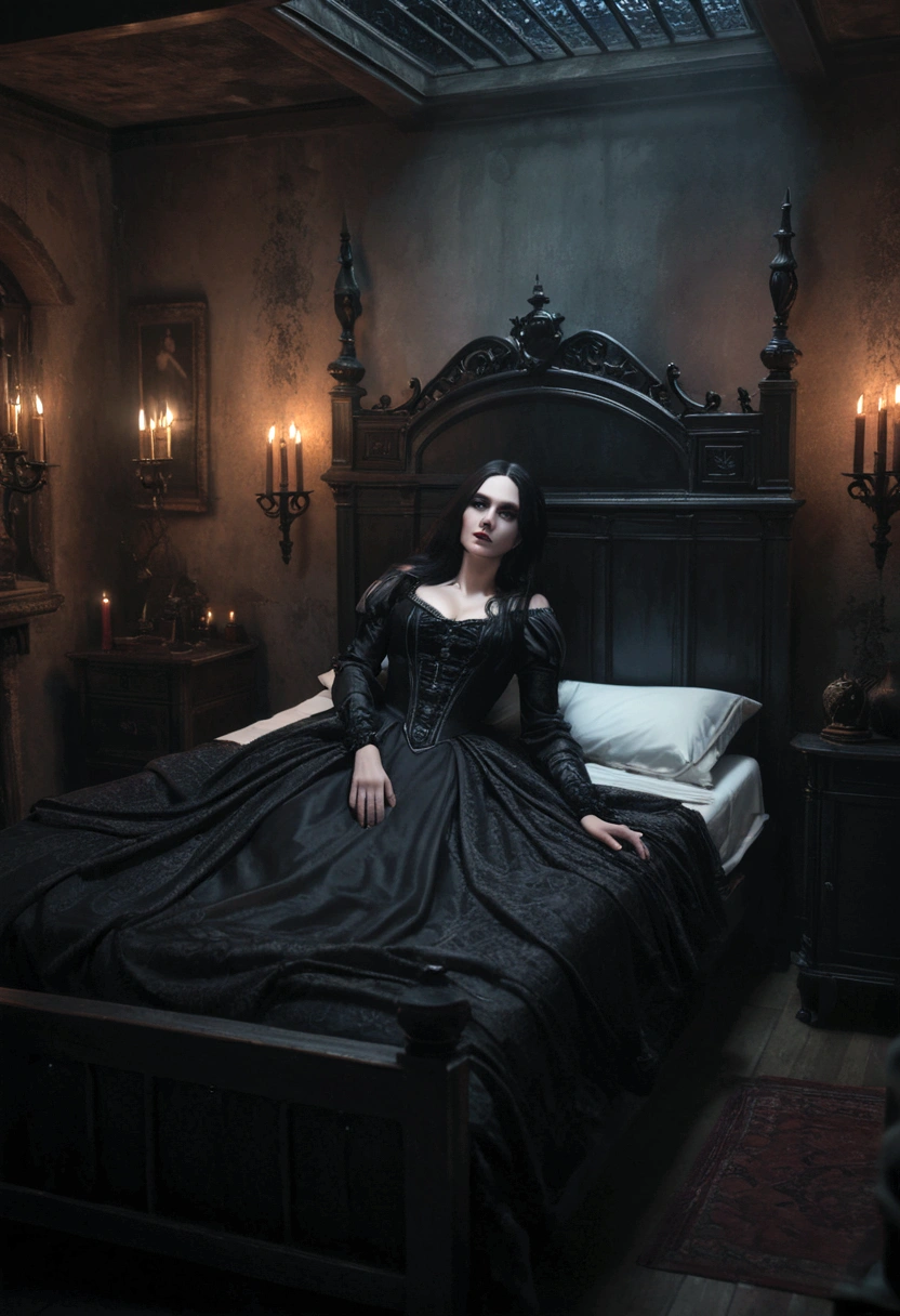 a dark witch severina snape sleeping in her bed in the mansion of her pure blood dark wizard family,1girl,beautiful detailed eyes,beautiful detailed lips,extremely detailed eyes and face,long eyelashes,elegant dress,dark magic,moonlight,ornate bedroom,canopy bed,moody lighting,dramatic shadows,gothic architecture,mystical atmosphere,(best quality,4k,8k,highres,masterpiece:1.2),ultra-detailed,(realistic,photorealistic,photo-realistic:1.37),dark fantasy,cinematic composition,chiaroscuro,muted color palette,dramatic lighting