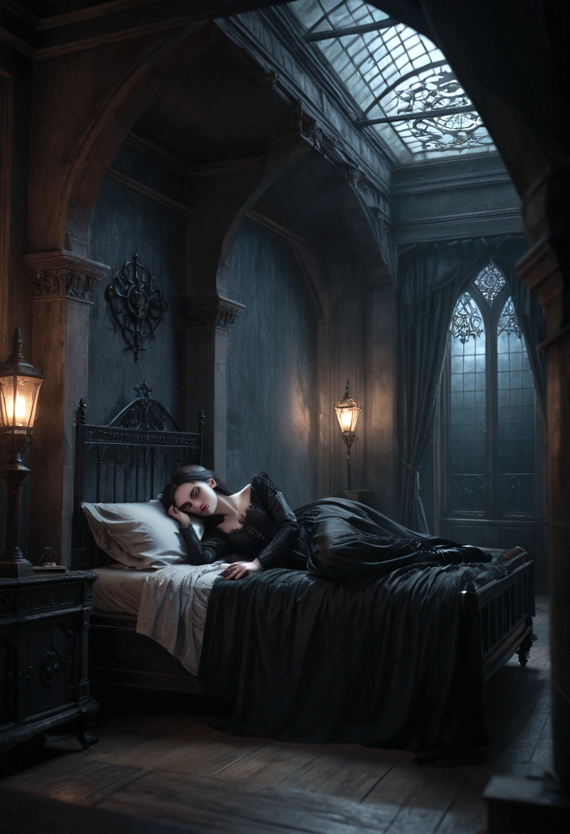 a dark witch severina snape sleeping in her bed in the mansion of her pure blood dark wizard family,1girl,beautiful detailed eyes,beautiful detailed lips,extremely detailed eyes and face,long eyelashes,elegant dress,dark magic,moonlight,ornate bedroom,canopy bed,moody lighting,dramatic shadows,gothic architecture,mystical atmosphere,(best quality,4k,8k,highres,masterpiece:1.2),ultra-detailed,(realistic,photorealistic,photo-realistic:1.37),dark fantasy,cinematic composition,chiaroscuro,muted color palette,dramatic lighting