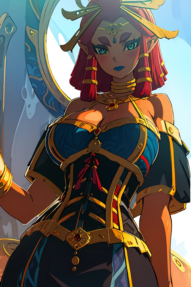 best quality, high resolution, large breasts, red hair, blush, embarrassed, cowboy shot, looking at viewer, Riju, blue lip, (((corset))), (((off shoulders))), (((gigantic breasts)))