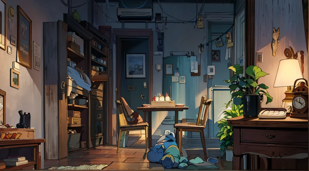 (best quality,masterpiece:1.2,detailed details,4k),A dim old apartment, a small birthday cake on an old wooden table, a modern apartment, an alarm clock on the wall, an anime scene,the wooden floor,