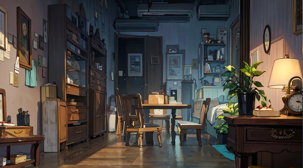 （best quality，masterpiece：1.2，detailed details，4k），A dim old apartment, a small birthday cake on an old wooden table, a modern apartment, an alarm clock on the wall, an anime scene,the wooden floor, 