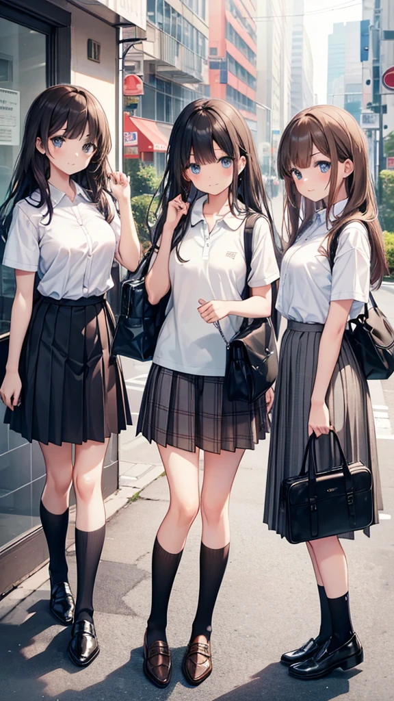 long hair, looking at viewer, blush, smile, bangs, blue eyes, multiple girls, skirt, brown hair, shirt, black hair, short sleeves, brown eyes, long hair, sitting in sunset beach , white polo shirt, pleated skirt, outdoors, open clothes, shoes, day, socks, striped, collared shirt, hand up, (3girls:1.4), bag, plaid, kneehighs, nose blush, plaid skirt, brown footwear, flying sweatdrops, loafers, grey skirt, school bag, diagonal stripes, dildo in pussy、ノーパンティ、足を開く