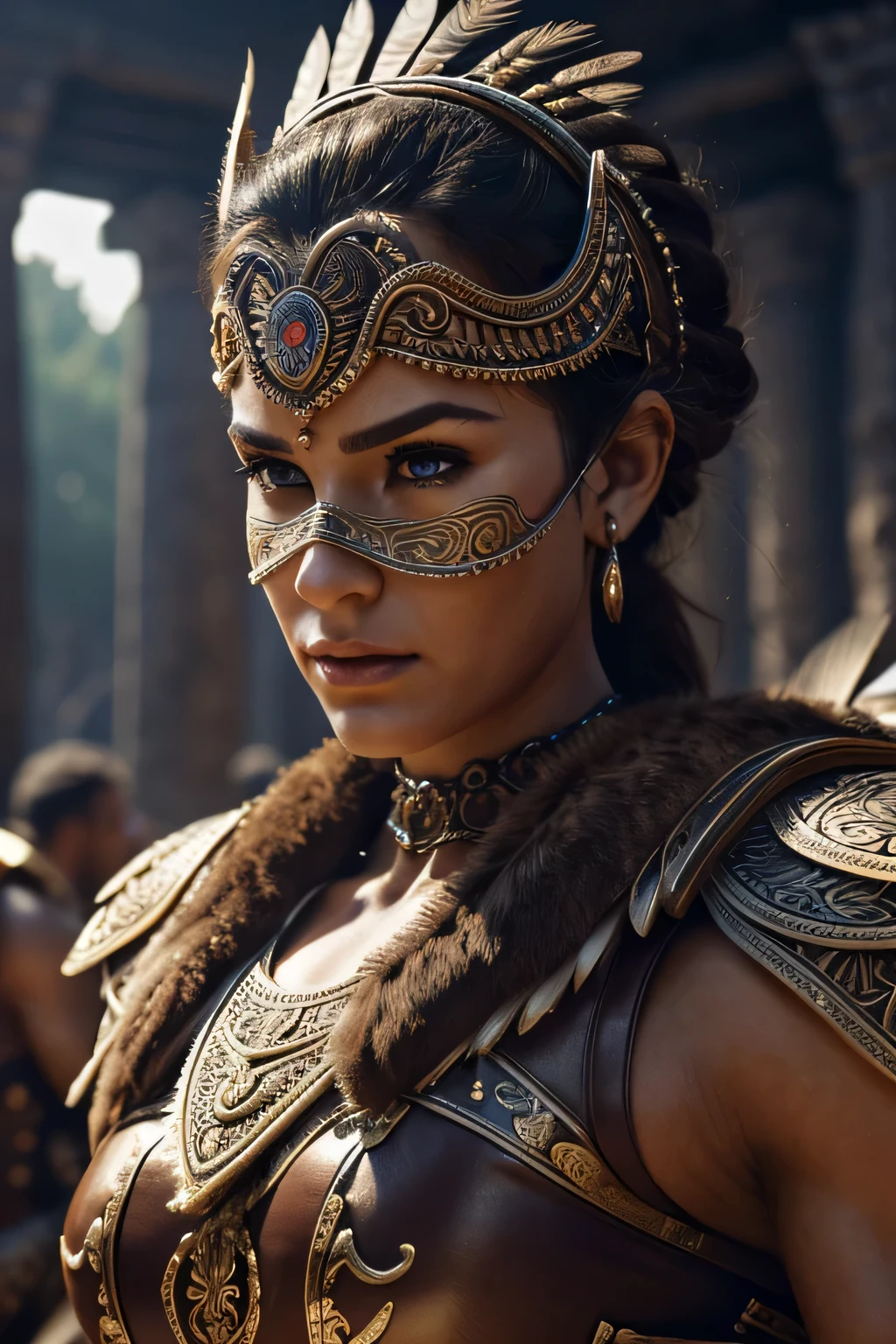 close up, photorealistic, (masterpiece:1.3), (best quality:1.3), beautiful, (intricate details), unity 8k wallpaper, ultra detailed, beautiful, aesthetic, perfect lighting, crowd around WestGark, very strong woman, (muscular:1.2), wearing leather plastron armor, wearing animal mask with feathers, wearing toga, hunting,  (aztec temple background:1.0),  (perfect hands:1.2),,