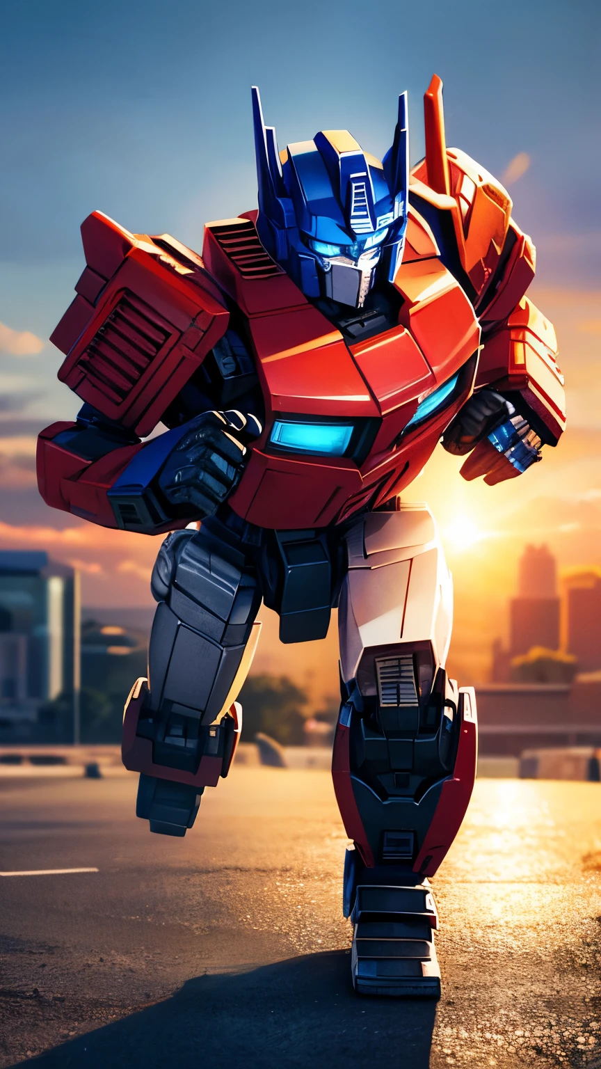 optimus prime, 1boy, autobot, blue eyes, clenched hands, full body, holding gun, running, mecha, robot, science fiction, solo, straight-on, best quality, 8k, highres, masterpiece, ultra-detailed, realistic, photorealistic, photo-realistic, HDR, UHD, studio lighting, ultra-fine painting, sharp focus, physically-based rendering, extreme detail description, professional, vivid colors, bokeh