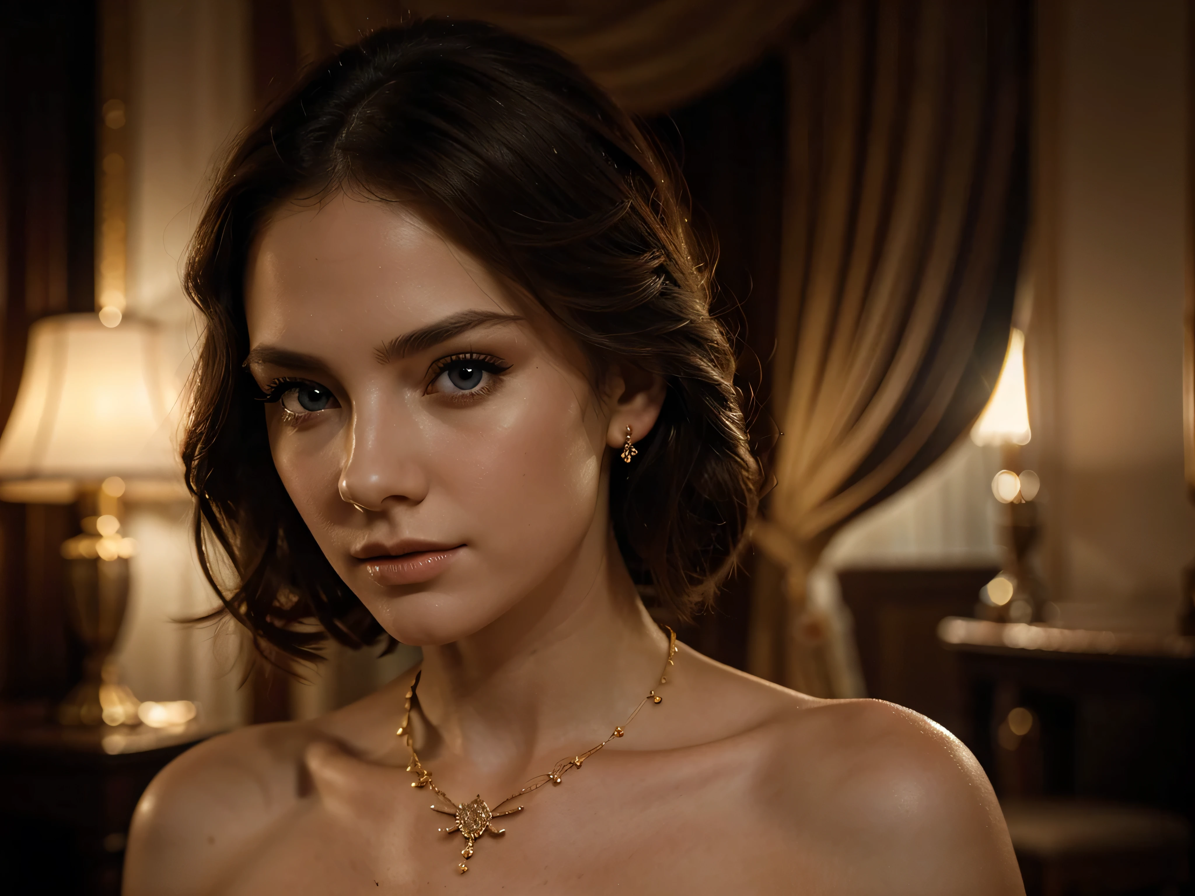 A chiaroscuro portrait of a woman, beautiful detailed eyes, beautiful detailed lips, extremely detailed eyes and face, long eyelashes, porcelain skin, elegant hairstyle, intricate jewelry, dramatic lighting, Renaissance style, dramatic shadows, warm golden tones, dramatic chiaroscuro lighting, ultra-detailed, 8k, photorealistic, masterpiece, cinematic, dramatic atmosphere, elegant and regal