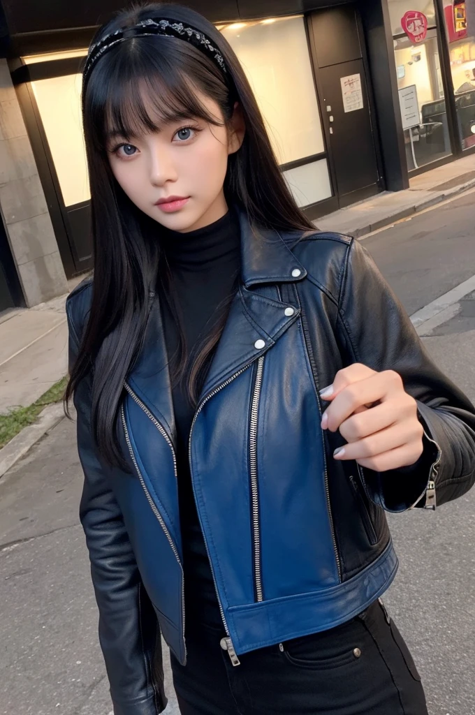 30-year-old woman,Black Hair,Asian,Korean style long hair,Headband,Long Bangs,Blue Eyes,Dark Skin,Leather jacket,Selfie