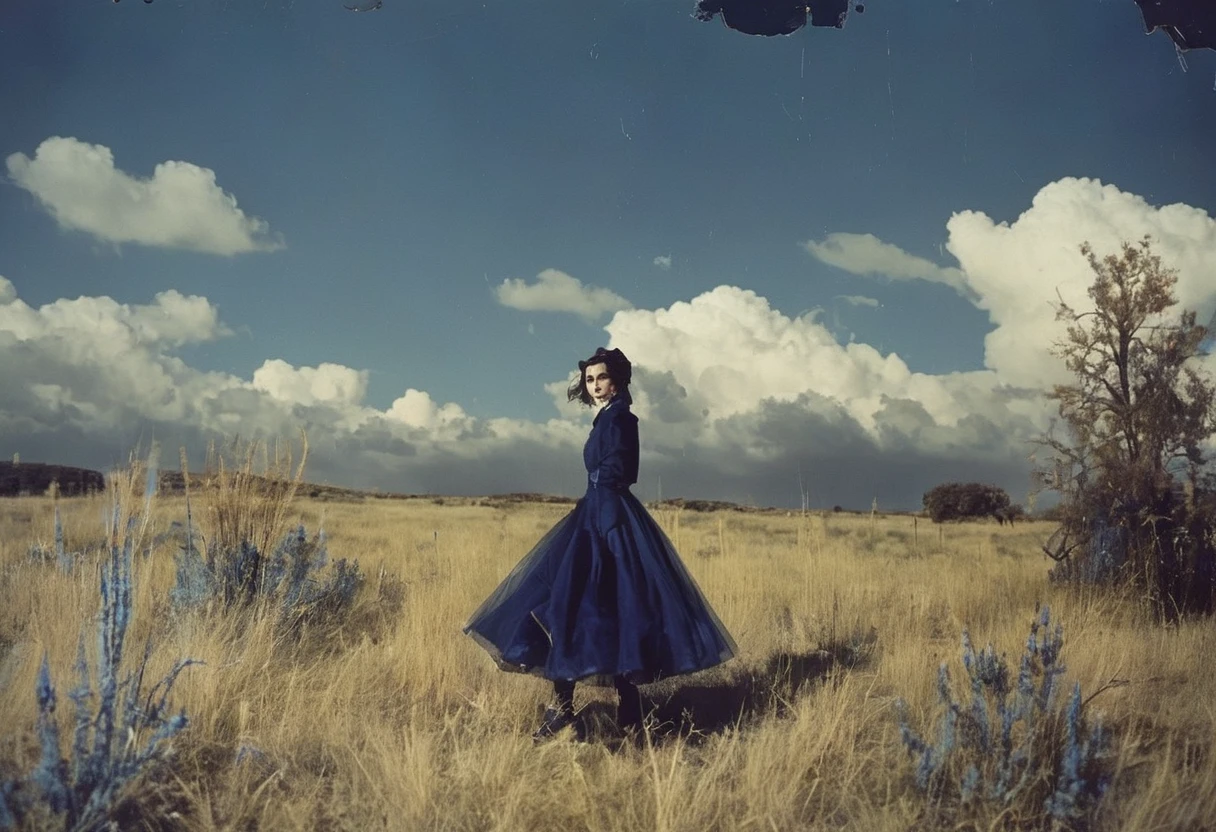 film photography, vintage, fashion shoot of horror, blue background
