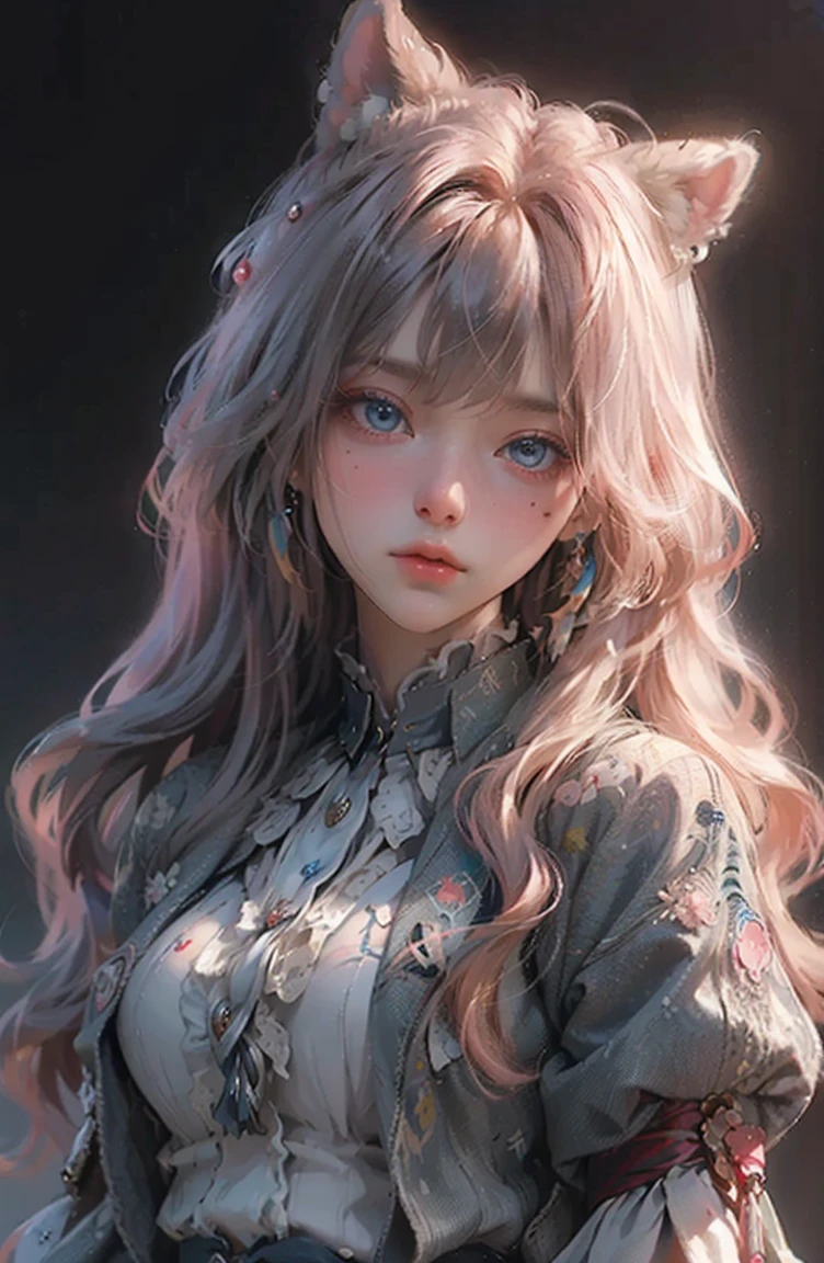 (Highest quality,Super detailed,High resolution:1.2),beautiful woman with perfect face,very_Long eyelashes, Detailed lips, Cool look, Soft Skin,Exquisite makeup,Heavy bangs,Long straight blonde hair with pink tips,Student uniform、Navy blazer over a white shirt,heterochromia, red eyes, blue eyes