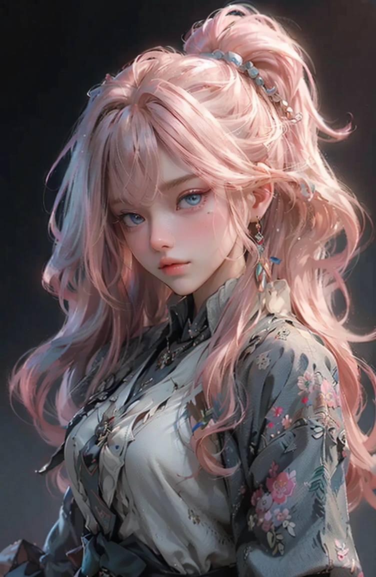 (Highest quality,Super detailed,High resolution:1.2),beautiful woman with perfect face,very_Long eyelashes, Detailed lips, Cool look, Soft Skin,Exquisite makeup,Heavy bangs,Long straight blonde hair with pink tips,Student uniform、Navy blazer over a white shirt,heterochromia, red eyes, blue eyes