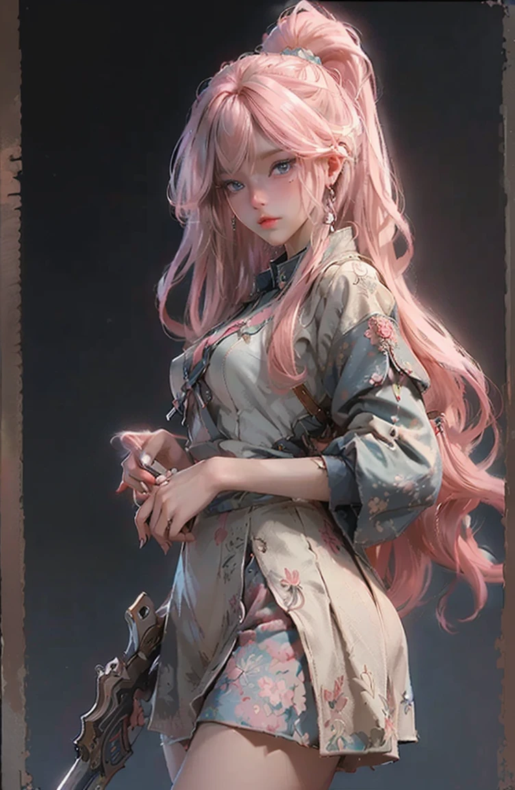 (Highest quality,Super detailed,High resolution:1.2),beautiful woman with perfect face,very_Long eyelashes, Detailed lips, Cool look, Soft Skin,Exquisite makeup,Heavy bangs,Long straight blonde hair with pink tips,Student uniform、Navy blazer over a white shirt,heterochromia, red eyes, blue eyes