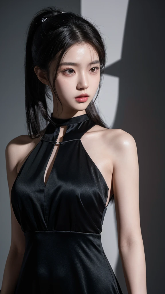 korean model , slim body , 167cm ,Movie Angle,long black ponytails hairstyle, (Cute girl,anatomy correct, see-through dress,( art,geomerty),(plethora of colorest quality,high detal,tmasterpiece,Cinematic lighting effects,4K,Chiaroscuro)