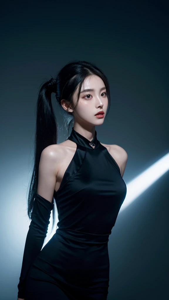 korean model , slim body , 167cm ，Movie Angle，long black ponytails hairstyle, （Cute girl，anatomy correct, see-through dress，（ art，geomerty），（plethora of colorest quality，high detal，tmasterpiece，Cinematic lighting effects，4K，Chiaroscuro）