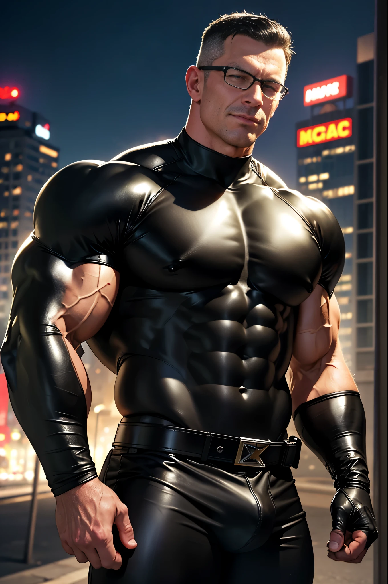 analog style, masterpiece, best quality, highres, realistic, cinematic portrait of Robert Irvine as a smug young handsome extremely muscular superhero bodybuilder with black hair wearing a black leather wetsuit with leather gloves and a utility belt, background a city, high detail, sharp focus, detailed background, vivid colours, steroids, heartthrob, daddy, powerful chest, smirk,big biceps,muscular body