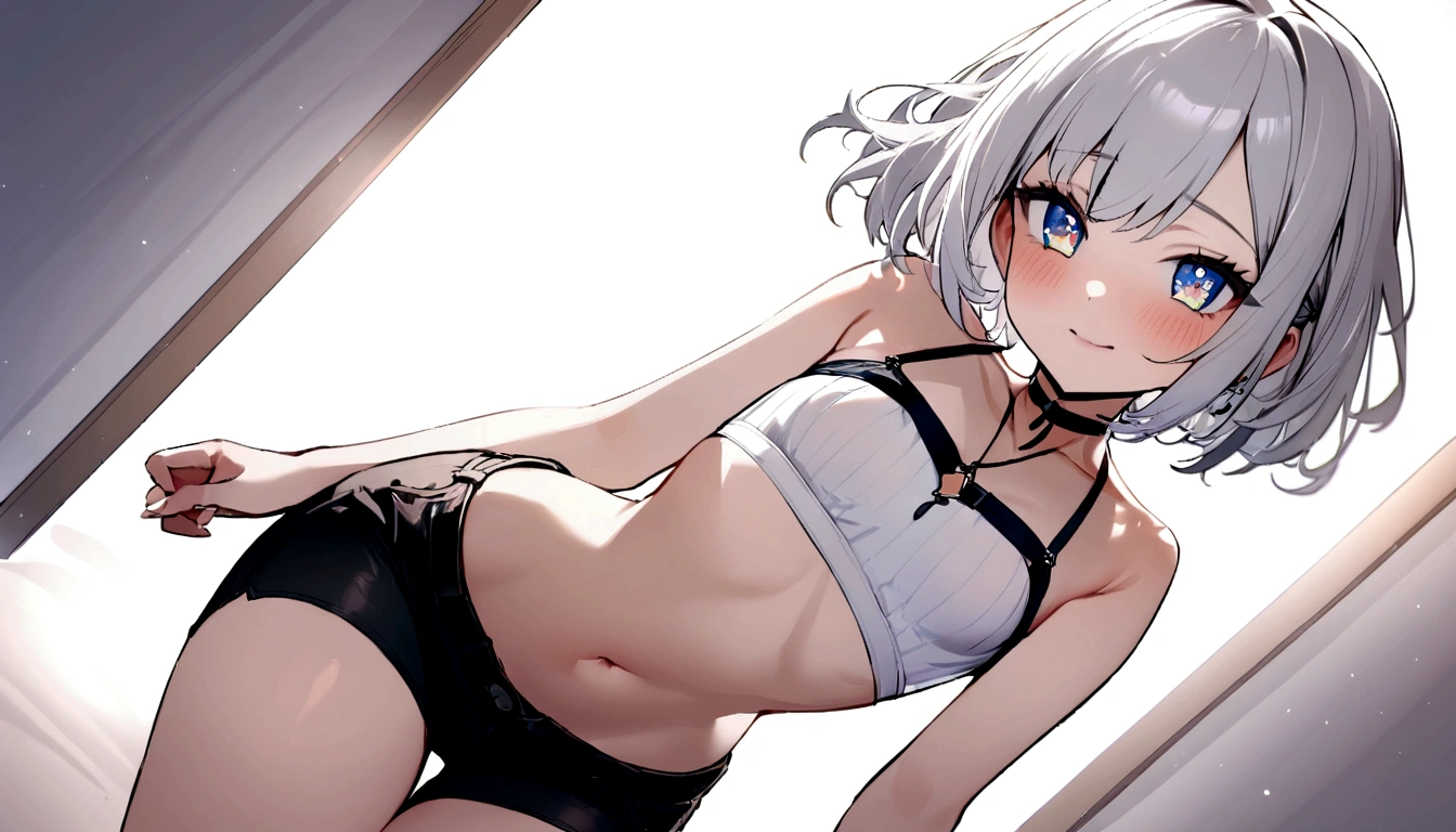 1girl, masterpiece, best quality, 18 year old white girl, stunning beautiful, sparkly eyes, very cute, short, small , white crop top and black shorts,