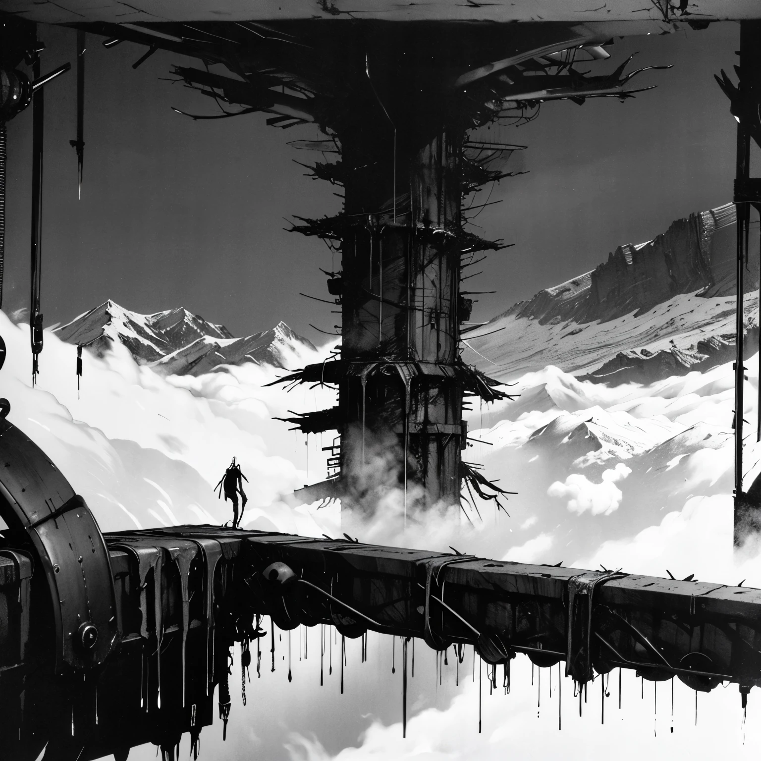 Metal spikes overwhelm the scenery, black liquid drips from the peaks of the metal trees, greyscale, concept art