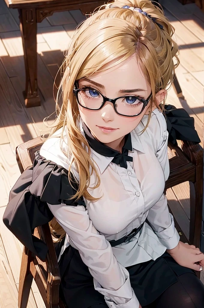 Masterpiece, 最high quality, high quality, High resolution, high quality texture, high quality shadows, High resolution, Beautiful details, Detailed CG, Detailed Texture, Realistic representation of face, Realistic, colorful, delicate, Cinematic Light, Side light, Lens flare, Ray Tracing, sharp concentrated, (1 Girl,concentrated:1.3), ( Intricate details, compensate, PureErosFaceV1:0.5), (細部まで美しいdelicateな顔, 緻密で美しいdelicateな瞳, Perfect Facial Proportions, Dense skin, Optimal ratio of four fingers to one thumb, Arms under chest, Modest chest, Wide Hips, Smooth upper abdomen, 30 years old, blue eyes, glasses,cabin attendant uniform,white blouse,tight fitting black skirt,black stockings, excellent secretary ,working as a secretary, wooden desk, wooden chair, house wife, the gaze of true love, lips of temptation, A look full of compassion ,a smile full of love, i love you, Acting lovey-dovey, air fortress hair, blonde hair, I love you so much I'm crazy,i love you