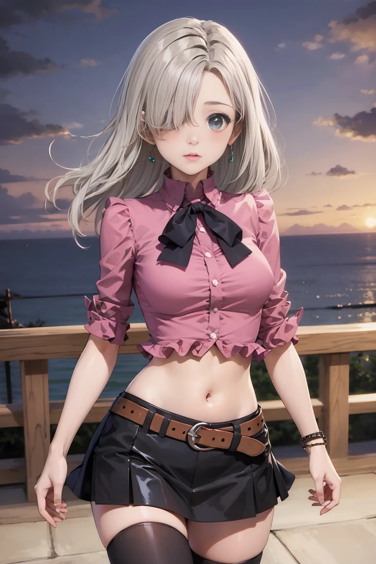 masterpiece, best quality, highres, Elizabeth, 1girl, jewelry, single thighhigh, silver hair, hair over one eye, midriff, black skirt, asymmetrical legwear, pink shirt, black thighhighs, belt, miniskirt, landscape, standing, standing, portrait, upper body