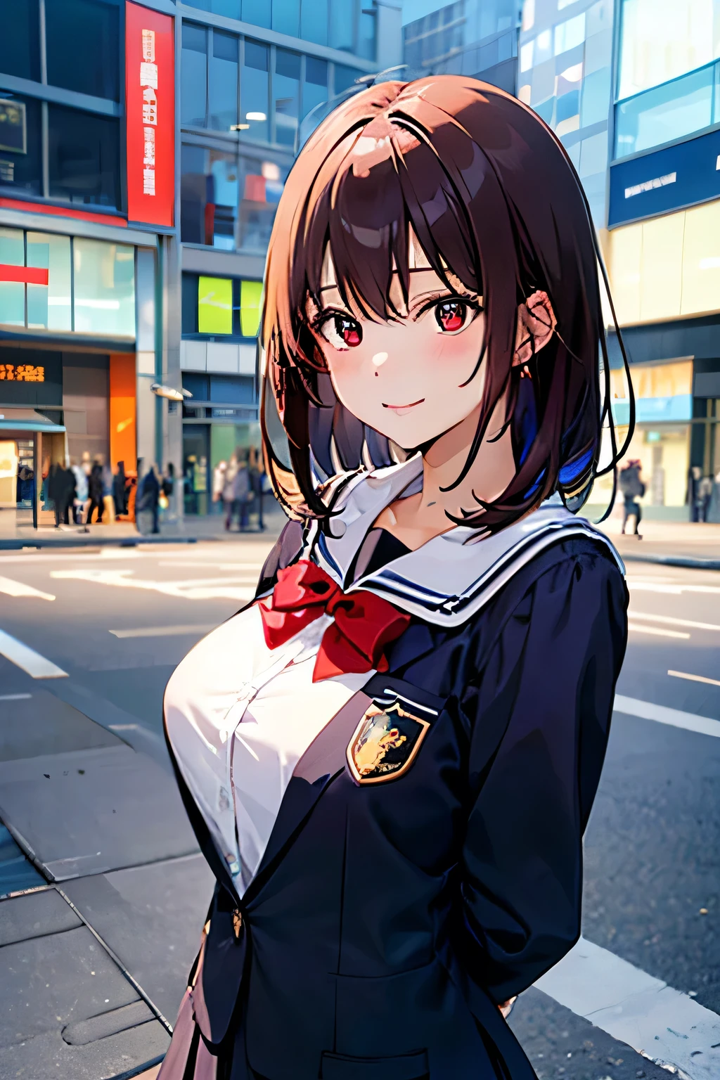 /*quality*/ masterpiece, best quality, BREAK, /*figure*/ 1girl,Yukinoshita_yukino, BREAK /*system*/ glamorous,tall,large breasts, BREAK /*Hair Type*/ straight hair, BREAK /*Hair length*/ very short hair, BREAK /*Hairstyle*/ bob cut, BREAK /*Hair Color*/ red hair, BREAK /*eye*/ beautiful eyes,red eyes, BREAK /*expression*/ {smile|light smile|cheerful}, BREAK /*Costume*/ {sailor suit|school uniform,blazer|school uniform,cardigan}, BREAK /*Pause*/ arms behind back, BREAK /*angle*/ upper body, BREAK /*place*/ (detailed Shibuya street background:1.2), BREAK /*Brightness*/ sunlight,