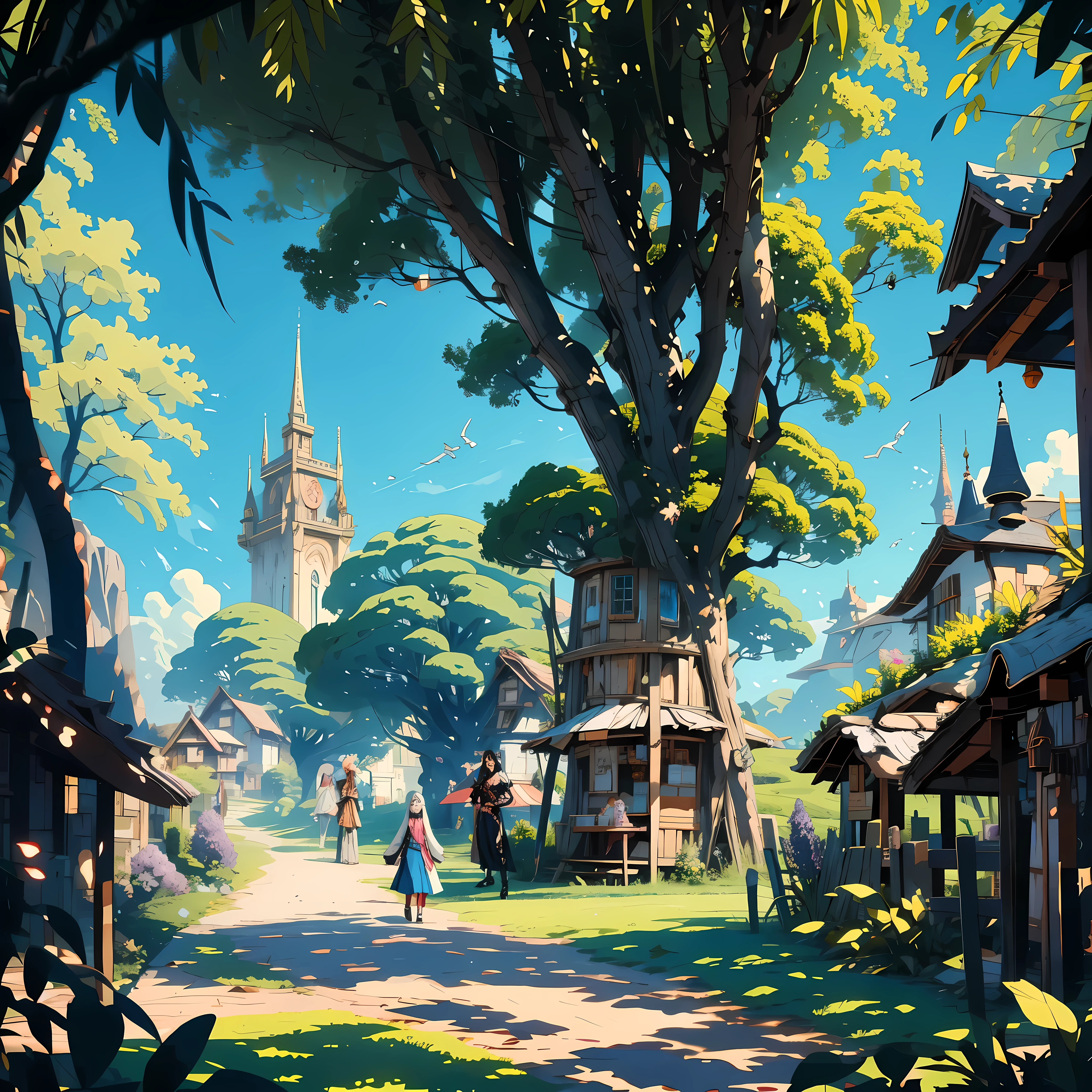 anime style, in ELVEN VILLAGE, long shot, Quaint, tree-integrated homes, pathways lined with lilacs. Elven villagers in the background, going about their daily activities.