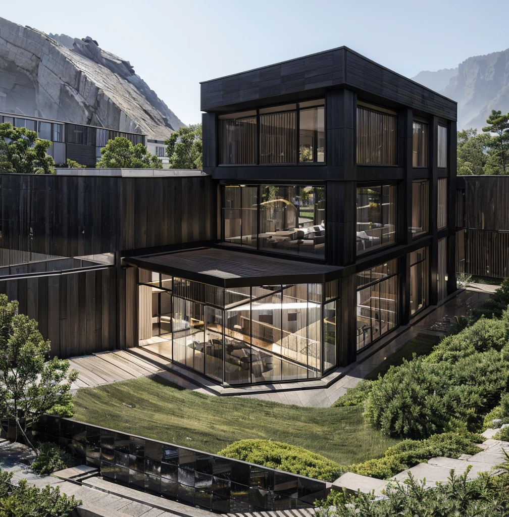 RAW photo, ((Black wall:1.3)) modern house,marble texture,wood, (road:1.3), (sidewalk:1.3), (sidewalk trees:1.3), (residences area:1.4), daytime, daylight, (high detailed:1.2), 8k uhd, dslr, soft lighting, high quality, (sharpen:1.5), 