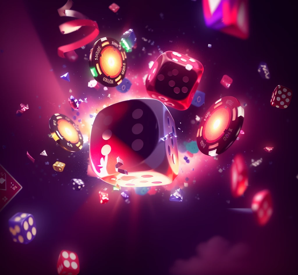 a close up of a dice with lights and confetti, Background artwork, online casino logo, dice, casino, dices, rolling dice, lots of dices everywere, game illustration, holy dice in the clouds, gamble, Background Image, Game Background, Artistic Rendering, High-quality screenshots, Rubies scattered like dust, poker, Rendering Art, card game illustration