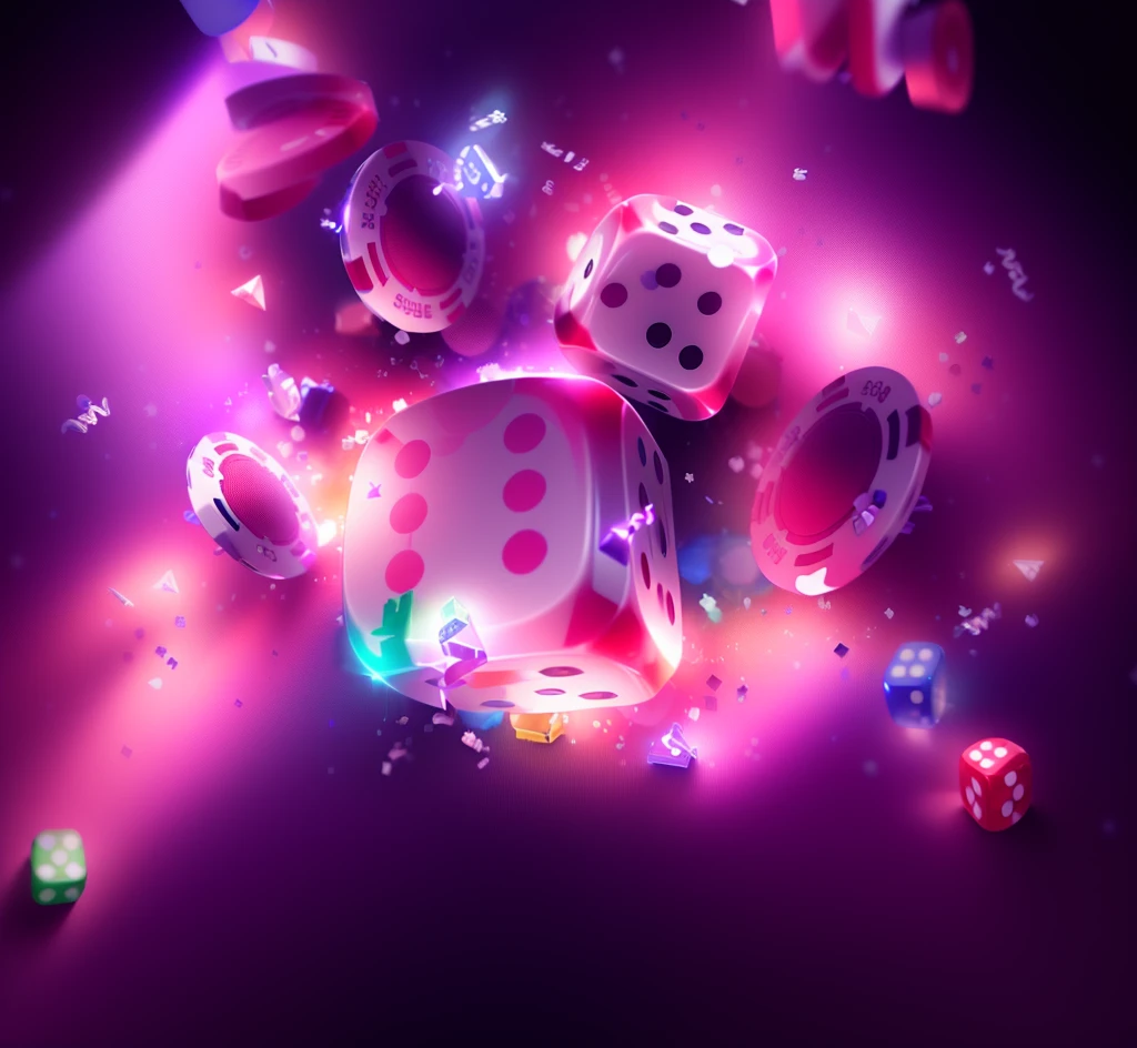a close up of a dice with lights and confetti, Background artwork, online casino logo, dice, casino, dices, rolling dice, lots of dices everywere, game illustration, holy dice in the clouds, gamble, Background Image, Game Background, Artistic Rendering, High-quality screenshots, Rubies scattered like dust, poker, Rendering Art, card game illustration