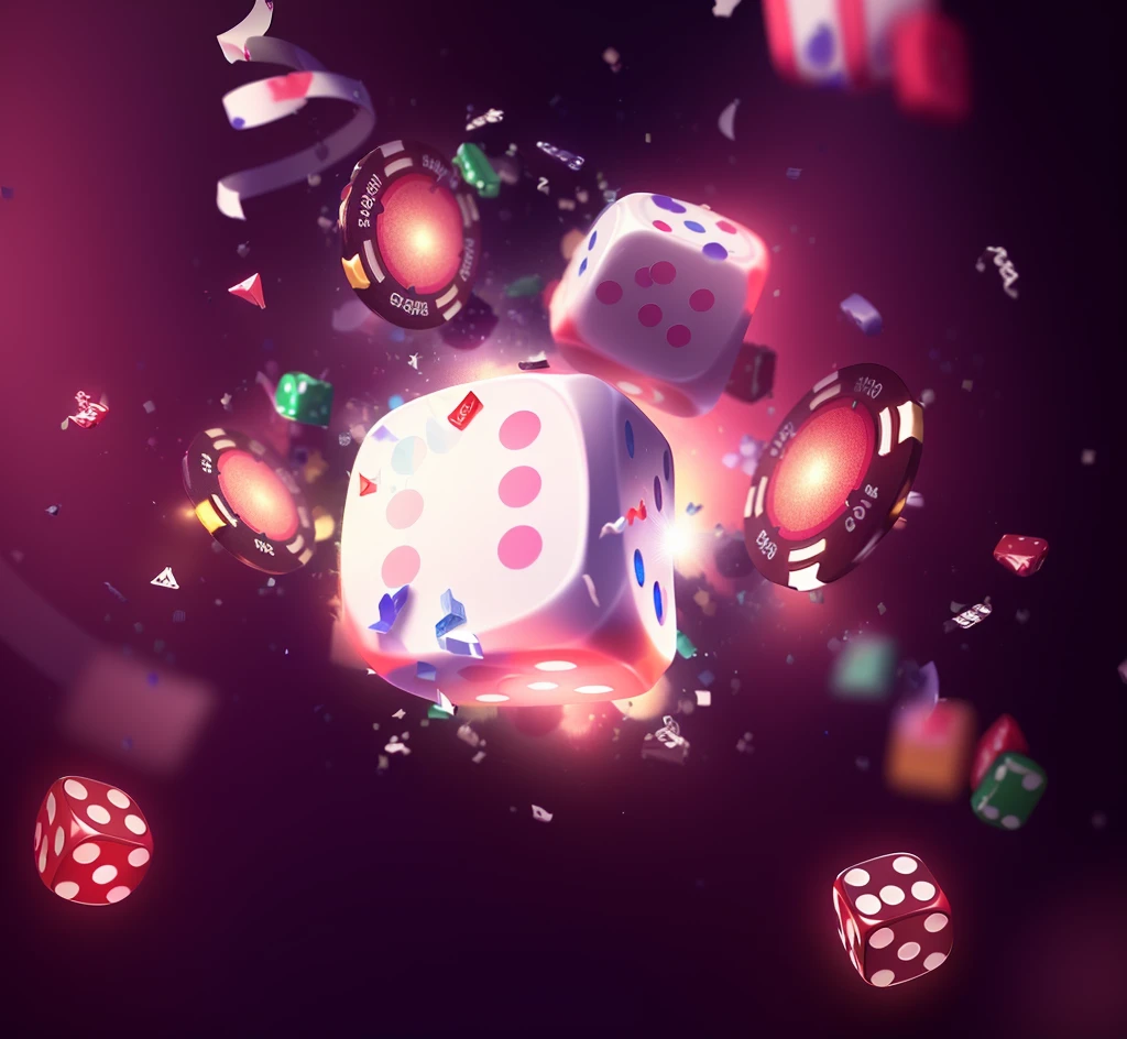 a close up of a dice with lights and confetti, Background artwork, online casino logo, dice, casino, dices, rolling dice, lots of dices everywere, game illustration, holy dice in the clouds, gamble, Background Image, Game Background, Artistic Rendering, High-quality screenshots, Rubies scattered like dust, poker, Rendering Art, card game illustration