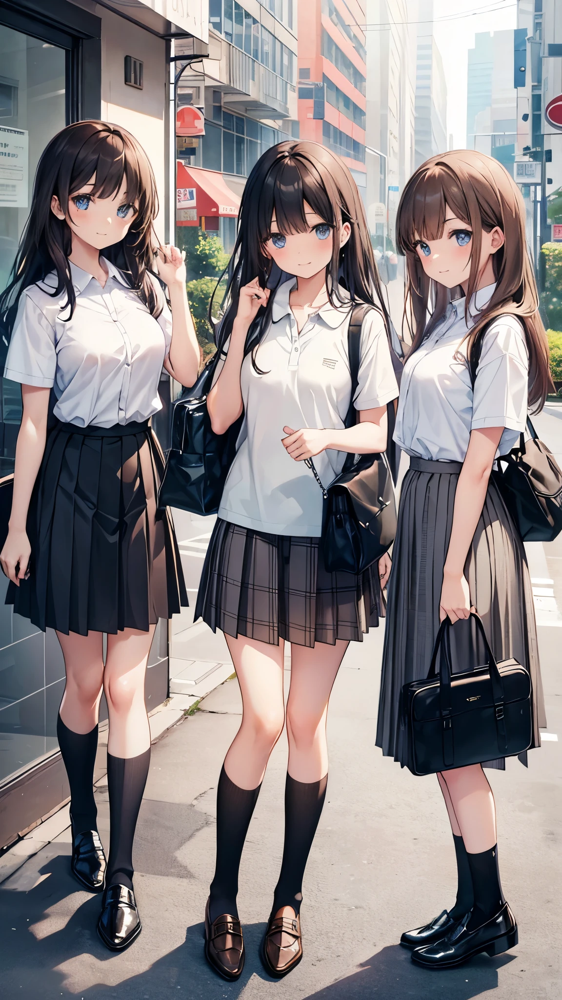 long hair, looking at viewer, smile, bangs, blue eyes, multiple girls, skirt, brown hair, shirt, black hair, short sleeves, brown eyes,  long hair, standing, white polo shirt, pleated skirt, open clothes, shoes, socks, striped, collared shirt, hand up, (3girls:1.3), bag, kneehighs, plaid skirt, brown footwear, flying sweatdrops, loafers, grey skirt, school bag, diagonal stripes, ride on motorcycle 