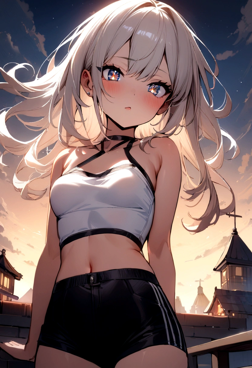 masterpiece, best quality, ultra-detailed, illustration, beautiful detailed eyes, 1girl, 22 years old, twin braided platinum hair, detailed balcony scenery, open chemise shirt, sunlight, cloudy sky, bigchests, microskirt, shy, smiling, full-face blush, heart-shaped pupils, add_detail:1, add_detail:0, add_detail:0.5, crop shirt, crop top