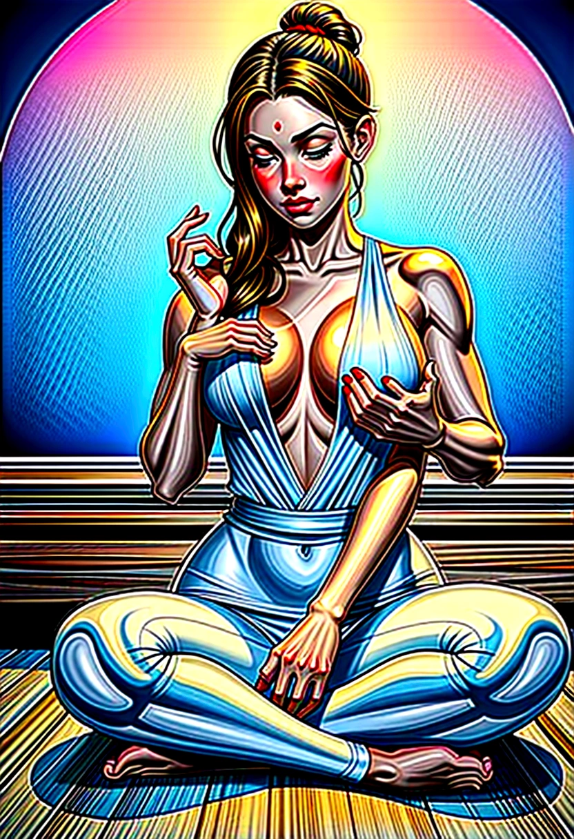 A young female character is practicing yoga in a serene, meditative pose. She is seated in the lotus position (Padmasana) with her legs crossed and both her hands resting on her knees, fingers forming the Gyan mudra. her face facing the camera, Her eyes are gently closed, and she has a peaceful expression on her face, indicating deep focus and relaxation.

She is dressed in stylish, fitted yoga pants and a comfortable top, both designed for flexibility and ease of movement. Over her outfit, she wears an elegant silk kimono, which drapes gracefully around her shoulders and flows softly to the sides. The kimono features intricate, delicate patterns that add a touch of sophistication to her look.

The background is a rustic, artistic setting with a textured, slightly worn concrete wall that enhances the natural, tranquil atmosphere. She sits on a dark, possibly wooden floor, with a yoga mat beneath her for comfort. The overall mood of the illustration is calm and introspective, capturing a moment of serene mindfulness.

