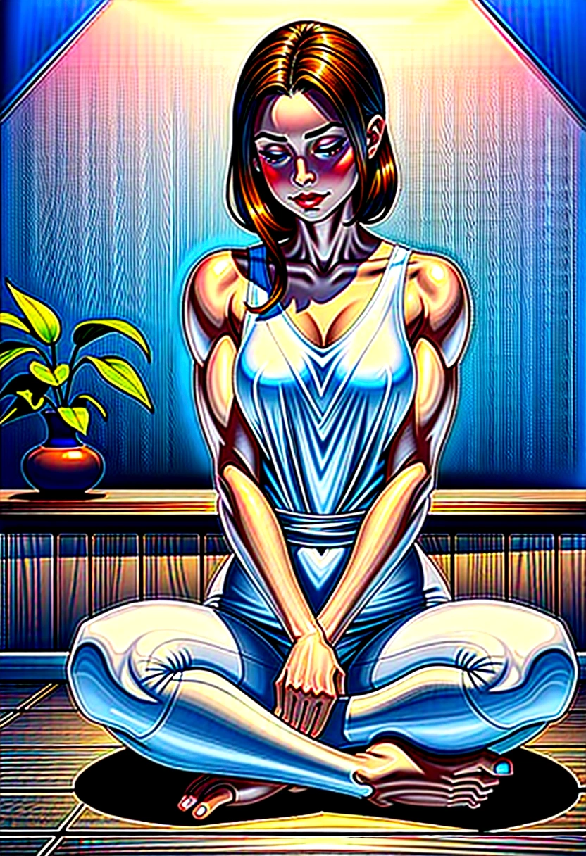 A young female character is practicing yoga in a serene, meditative pose. She is seated in the lotus position (Padmasana) with her legs crossed and both her hands resting on her knees, fingers forming the Gyan mudra. her face facing the camera, Her eyes are gently closed, and she has a peaceful expression on her face, indicating deep focus and relaxation.
She is dressed in stylish, fitted yoga pants and a comfortable top, both designed for flexibility and ease of movement. Over her outfit, she wears an elegant silk kimono, which drapes gracefully around her shoulders and flows softly to the sides. The kimono features intricate, delicate patterns that add a touch of sophistication to her look.
The background is a rustic, artistic setting with a textured, slightly worn concrete wall that enhances the natural, tranquil atmosphere. She sits on a dark, possibly wooden floor, with a yoga mat beneath her for comfort. The overall mood of the illustration is calm and introspective, capturing a moment of serene mindfulness.