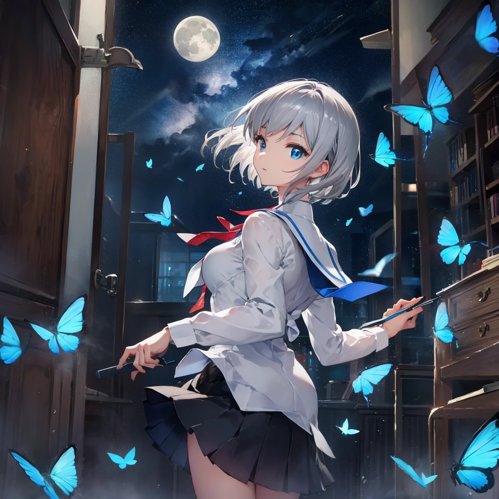 (((1 person Gray Hair Holding a pen classroom))) ((High resolution short hair tie Black Skirt Rin々Funny face )) ((student blue eyes Close-up 椅子にsit)) ((Blue Butterfly night 学校のclassroom Shining Aura sit Catch the wind Looking at the moon outside)) (smile Bathed in light) 月night moonlight star Shuriken Shining Background Shining Edge