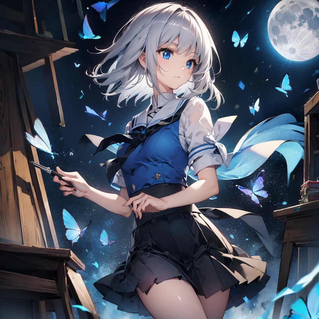 (((1 person Gray Hair Holding a pen classroom))) ((High resolution short hair tie Black Skirt Rin々Funny face )) ((student blue eyes Close-up 椅子にsit)) ((Blue Butterfly night 学校のclassroom Shining Aura sit Catch the wind Looking at the moon outside)) (smile Bathed in light) 月night moonlight star Shuriken Shining Background Shining Edge