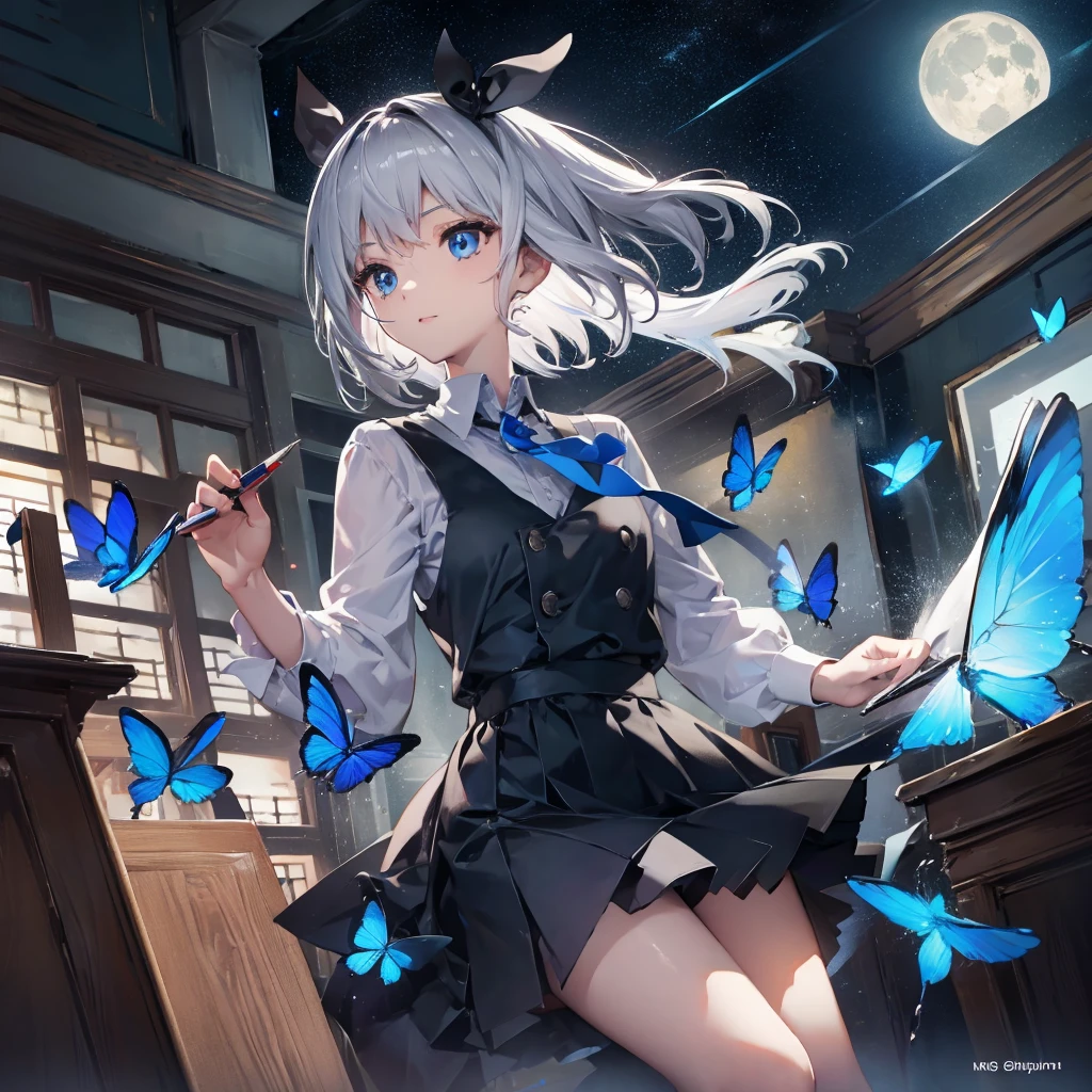 (((1 person Gray Hair Holding a pen classroom))) ((High resolution short hair tie Black Skirt Rin々Funny face )) ((student blue eyes Close-up 椅子にsit)) ((Blue Butterfly night 学校のclassroom Shining Aura sit Catch the wind Looking at the moon outside)) (smile Bathed in light) 月night moonlight star Shuriken Shining Background Shining Edge