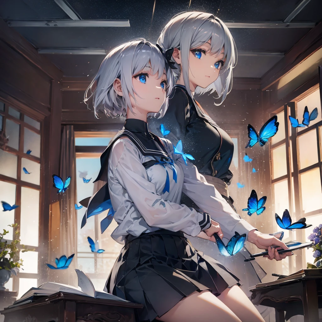 (((1 person Gray Hair Holding a pen classroom))) ((High resolution short hair tie Black Skirt Rin々Funny face )) ((student blue eyes Close-up 椅子にsit)) ((Blue Butterfly night 学校のclassroom Shining Aura sit Catch the wind Looking at the moon outside)) (smile Bathed in light) 月night moonlight star Shuriken Shining Background Shining Edge