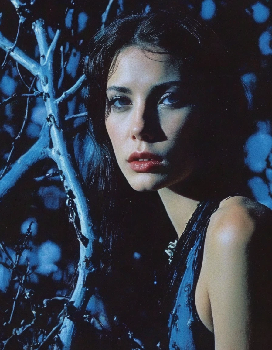 film photography, vintage, fashion photography of horror with 90s beautiful fashion model, blue night forest background