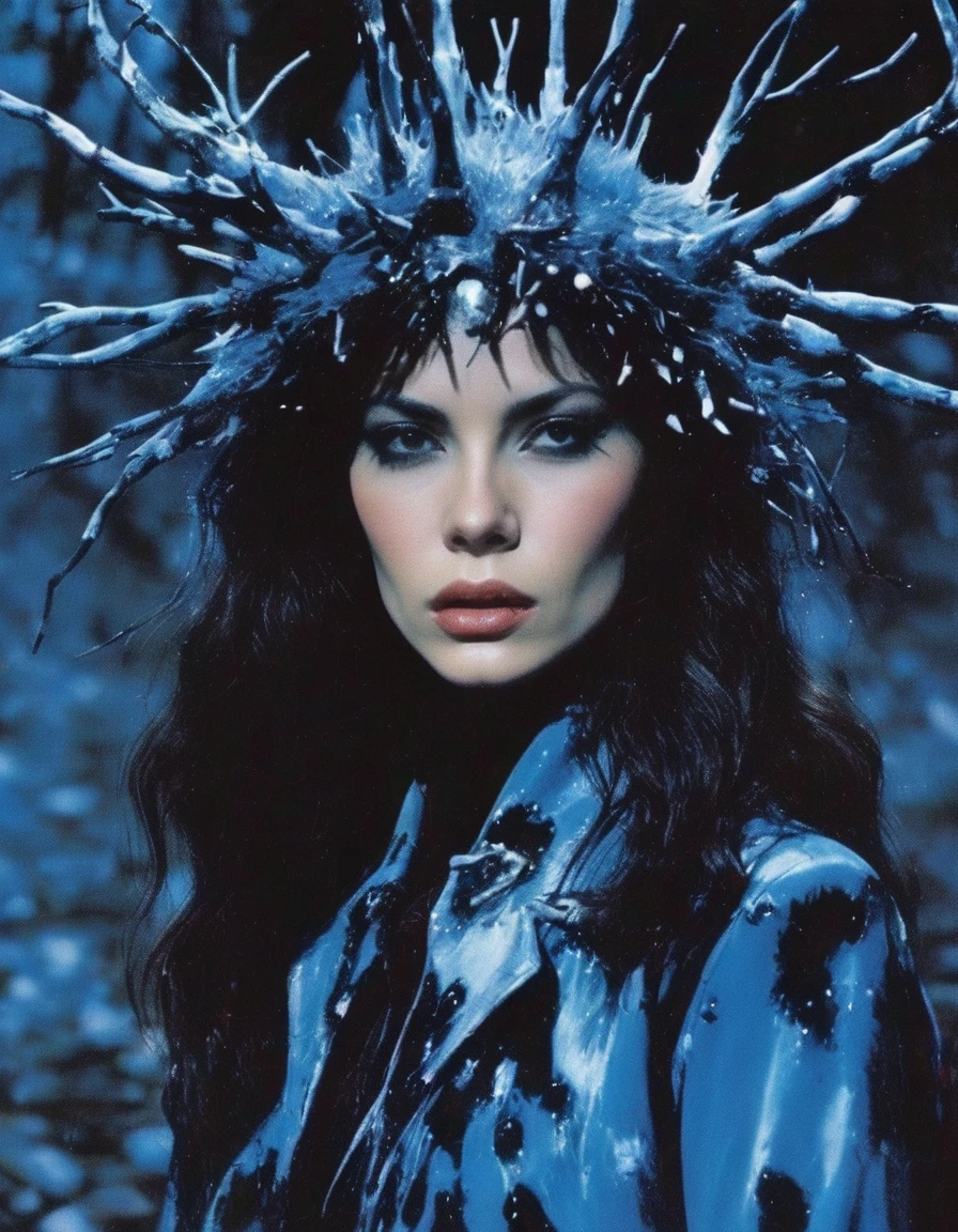 film photography, vintage, fashion photography of horror with 90s beautiful fashion model, blue night forest background